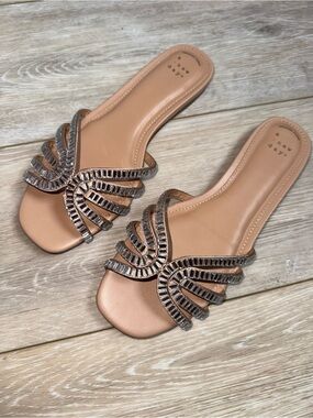 a new day Nude/Tan Slide Sandals with Metallic Crystal Straps